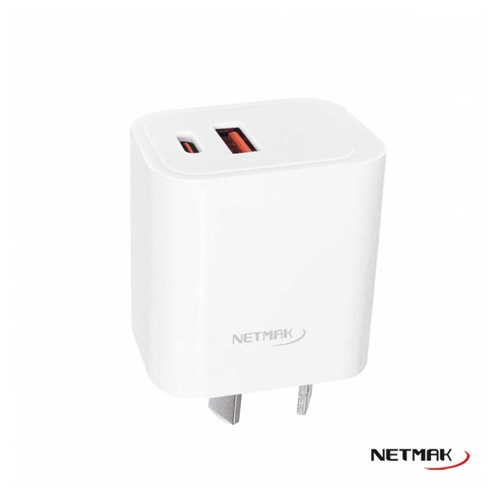 CARGADOR CELU S/CABLE NETMAK USB+USB-C 20W CARG RA