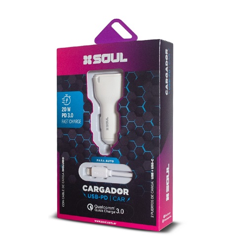 CARGADOR CELU P/AUTO SOUL C/CABLE USB-LIGHTNING 3.